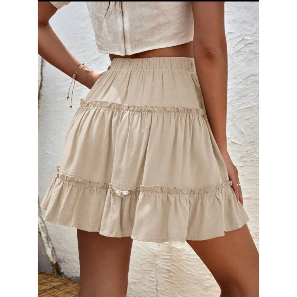 Tiered ruffle mini skirt elastic waist boho black - Picture 4 of 6